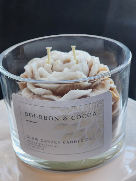 Bourbon Cocoa 10.5 oz candle with flower