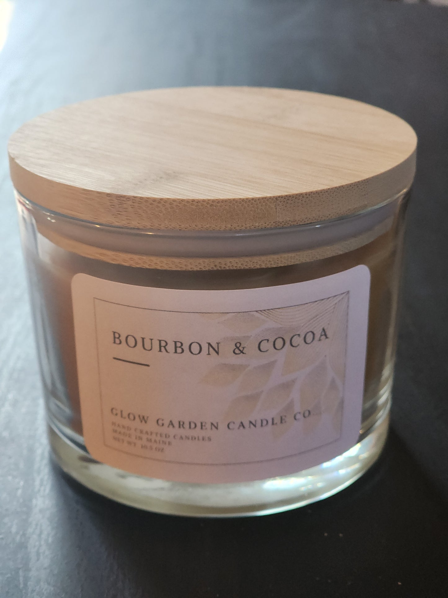 Bourbon Cocoa 10.5 oz candle with bamboo lid