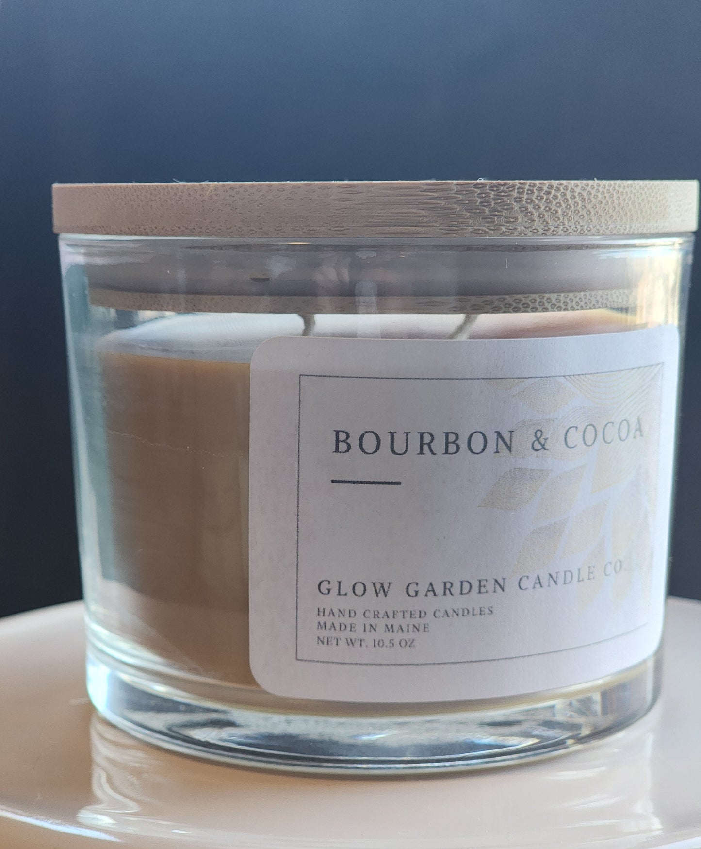 Bourbon Cocoa 10.5 oz candle with bamboo lid