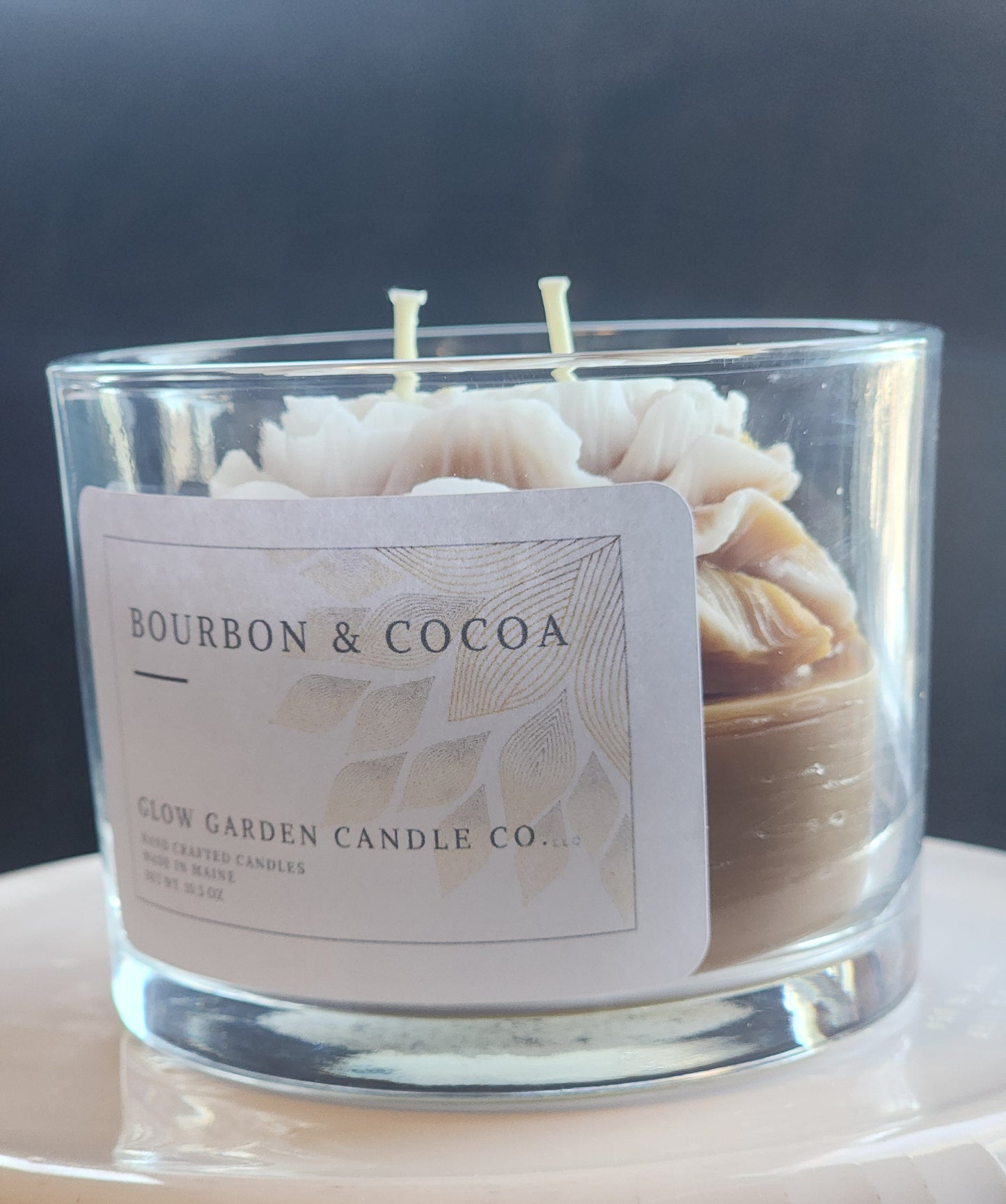 Bourbon Cocoa 10.5 oz candle with flower