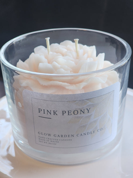 Pink Peony 10.5 oz candle with flower