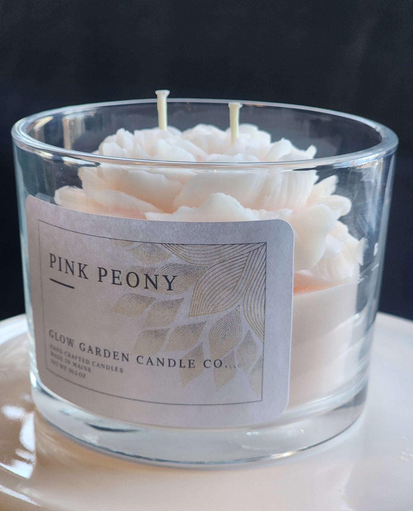 Pink Peony 10.5 oz candle with flower