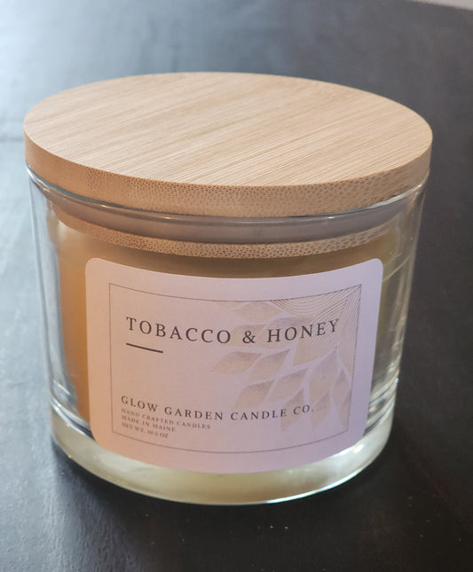 Tobacco & Honey 10.5 oz candle with bamboo lid